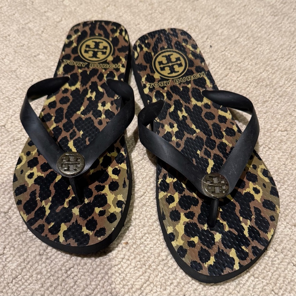 Tory Burch Leopard Print Flip Flops with Black Straps - NEW